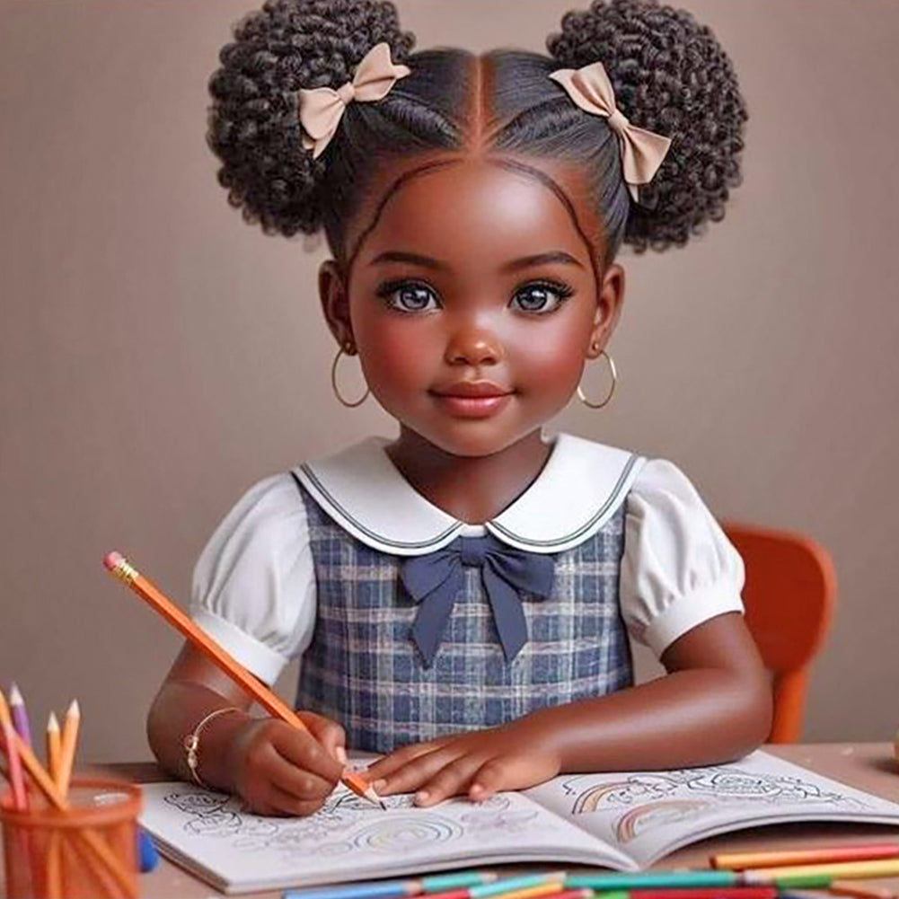 Diamond Painting - Full Round - black girl doing homework (30*30CM)