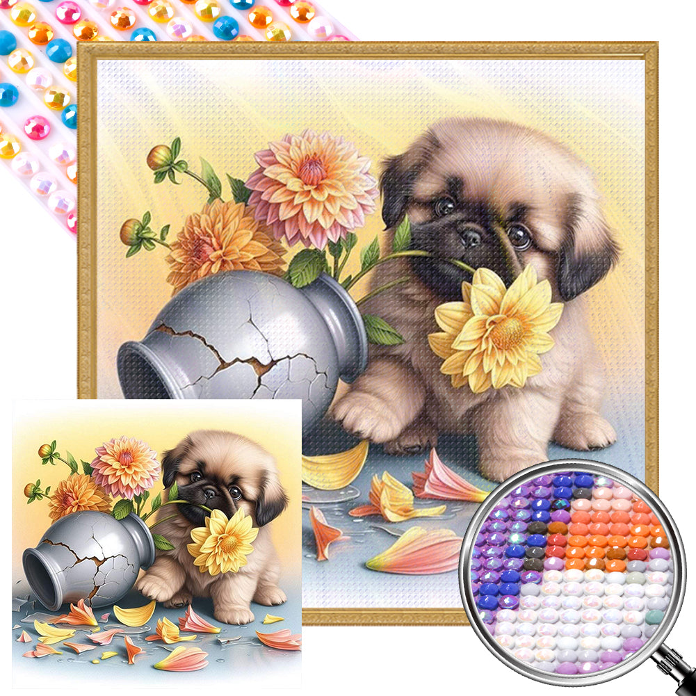 AB Diamond Painting - Full Round - Flowers and Puppy (40*40CM)