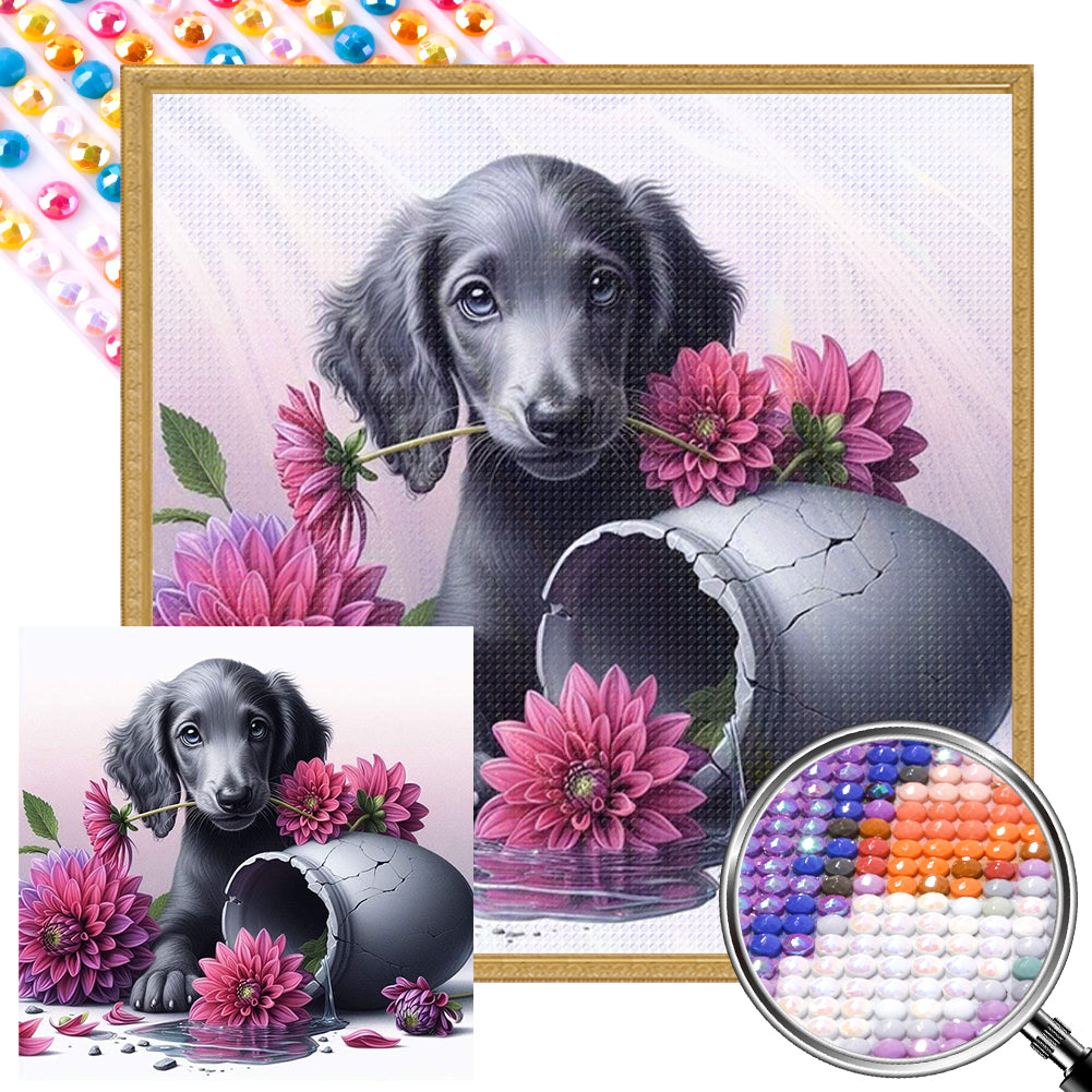 AB Diamond Painting - Full Round - Dachshund puppy with flowers (40*40CM)