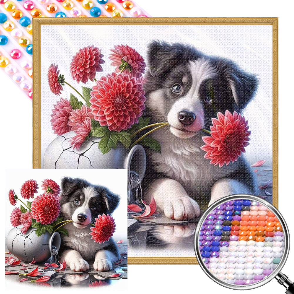 AB Diamond Painting - Full Round - Flowers and Puppy Border Collie (40*40CM)