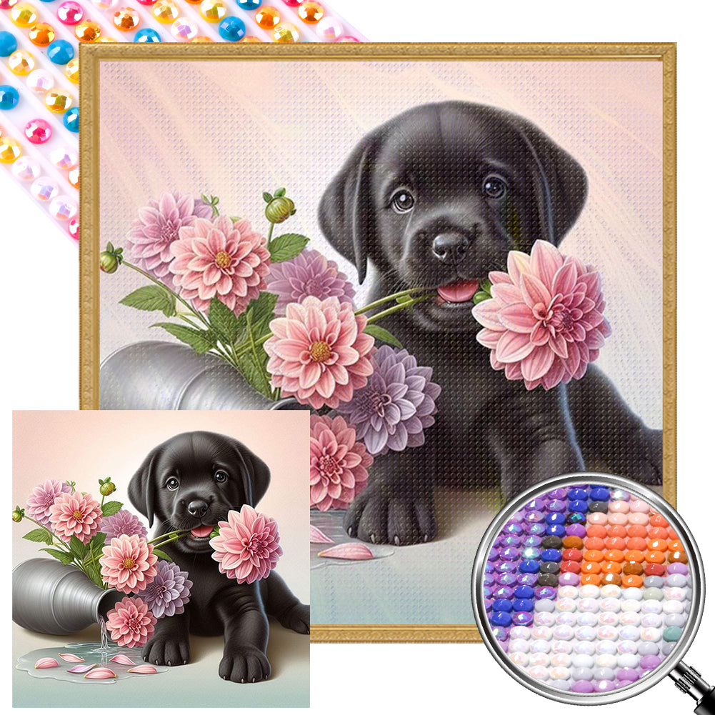 AB Diamond Painting - Full Round - Flowers and puppy labrador (40*40CM)
