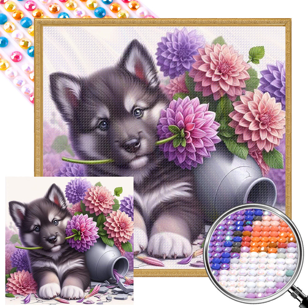 AB Diamond Painting - Full Round - Flowers and puppy husky (40*40CM)