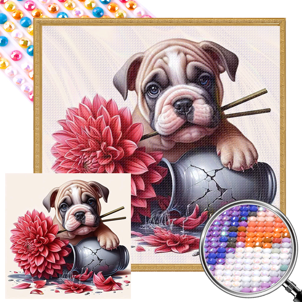 AB Diamond Painting - Full Round - Bulldog puppy with flowers (40*40CM)