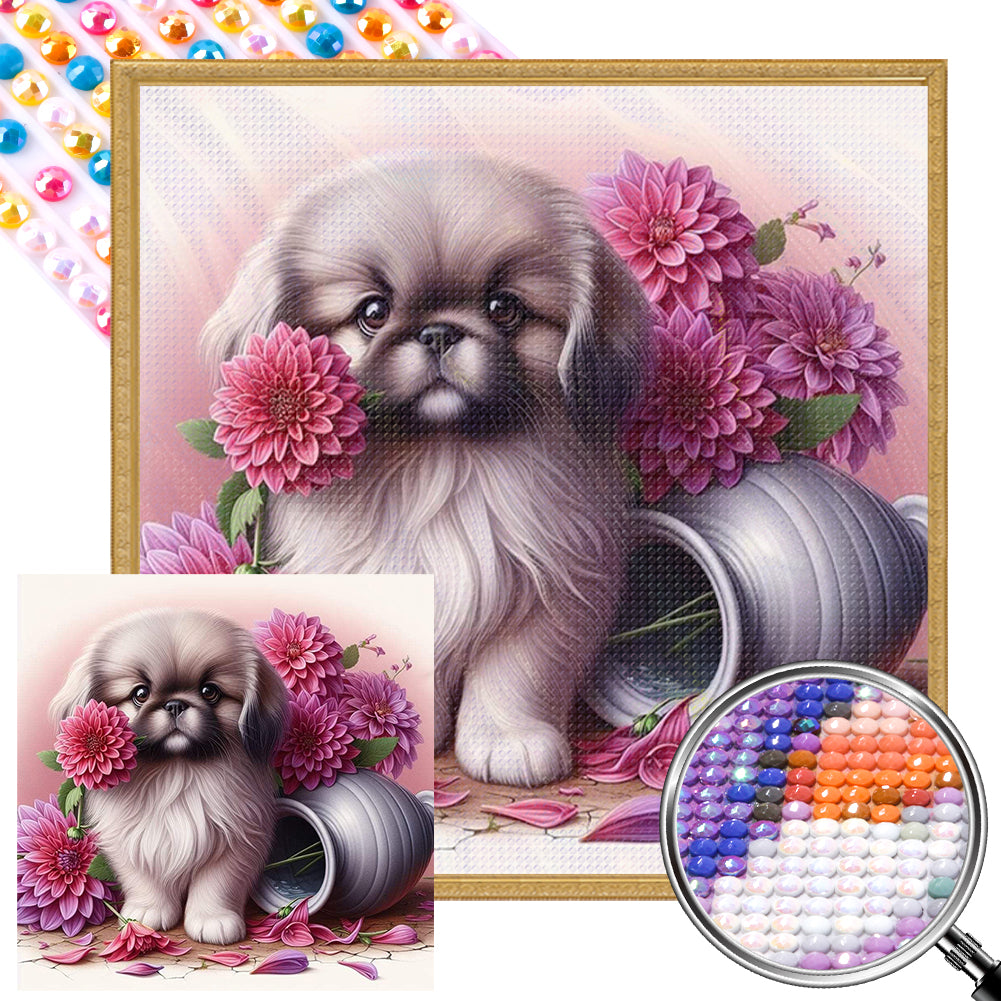 AB Diamond Painting - Full Round - Flowers and puppy Pekingese (40*40CM)