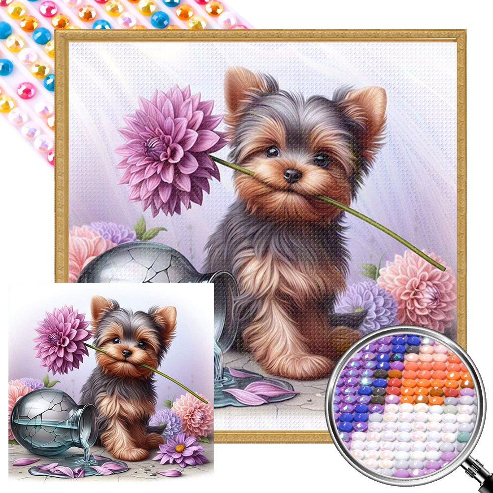 AB Diamond Painting - Full Round - Flowers and Yorkie puppy (40*40CM)