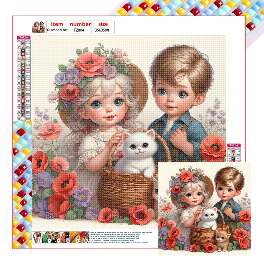 Diamond Painting - Full Square - Girl boy with cat and poppy flower (35*35CM)