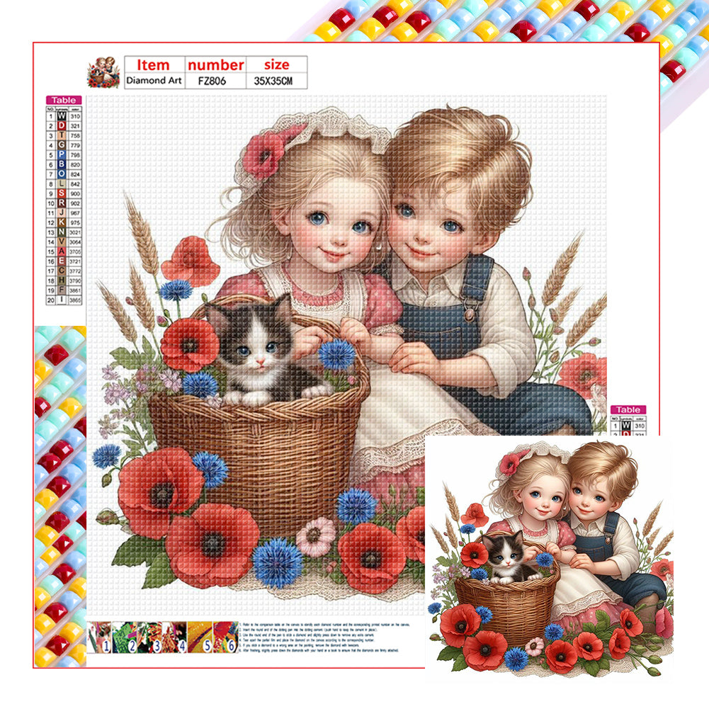 Diamond Painting - Full Square - Girl boy with cat and poppy flower (35*35CM)