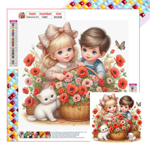 Load image into Gallery viewer, Diamond Painting - Full Square - Girl boy with cat and poppy flower (35*35CM)

