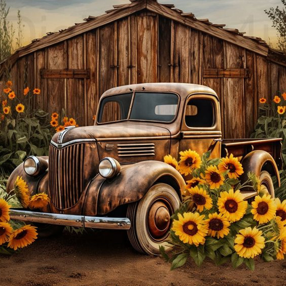Diamond Painting - Full Round - sunflower vintage car (30*30CM)