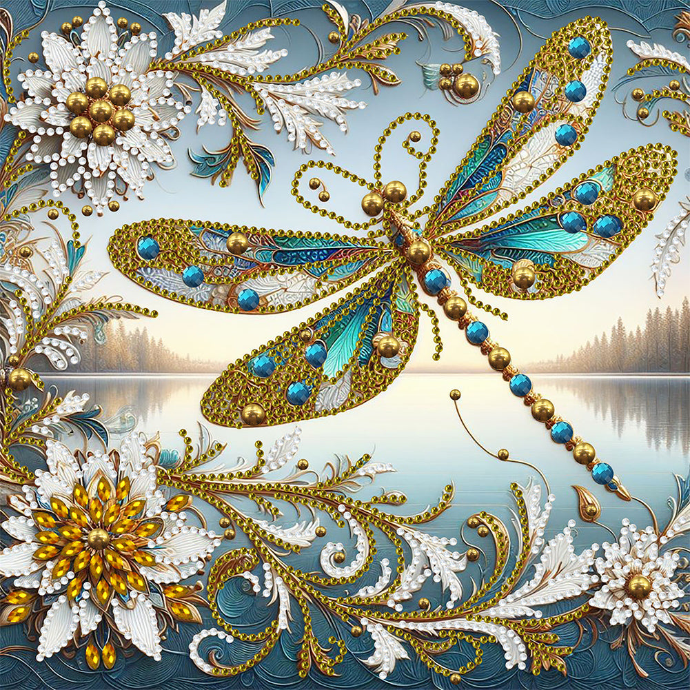 Diamond Painting - Partial Special Shaped - Lakeside flowers dragonfly (30*30CM)