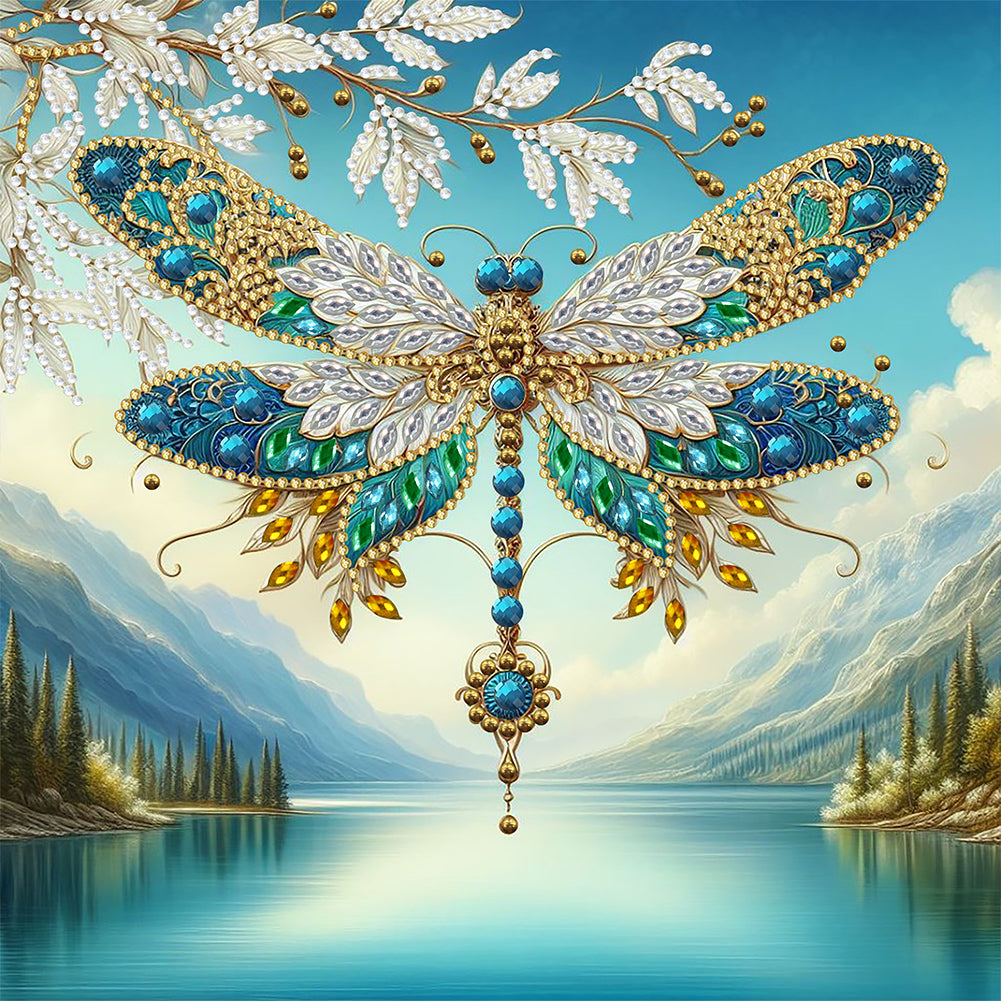 Diamond Painting - Partial Special Shaped - Lakeside flowers dragonfly (30*30CM)