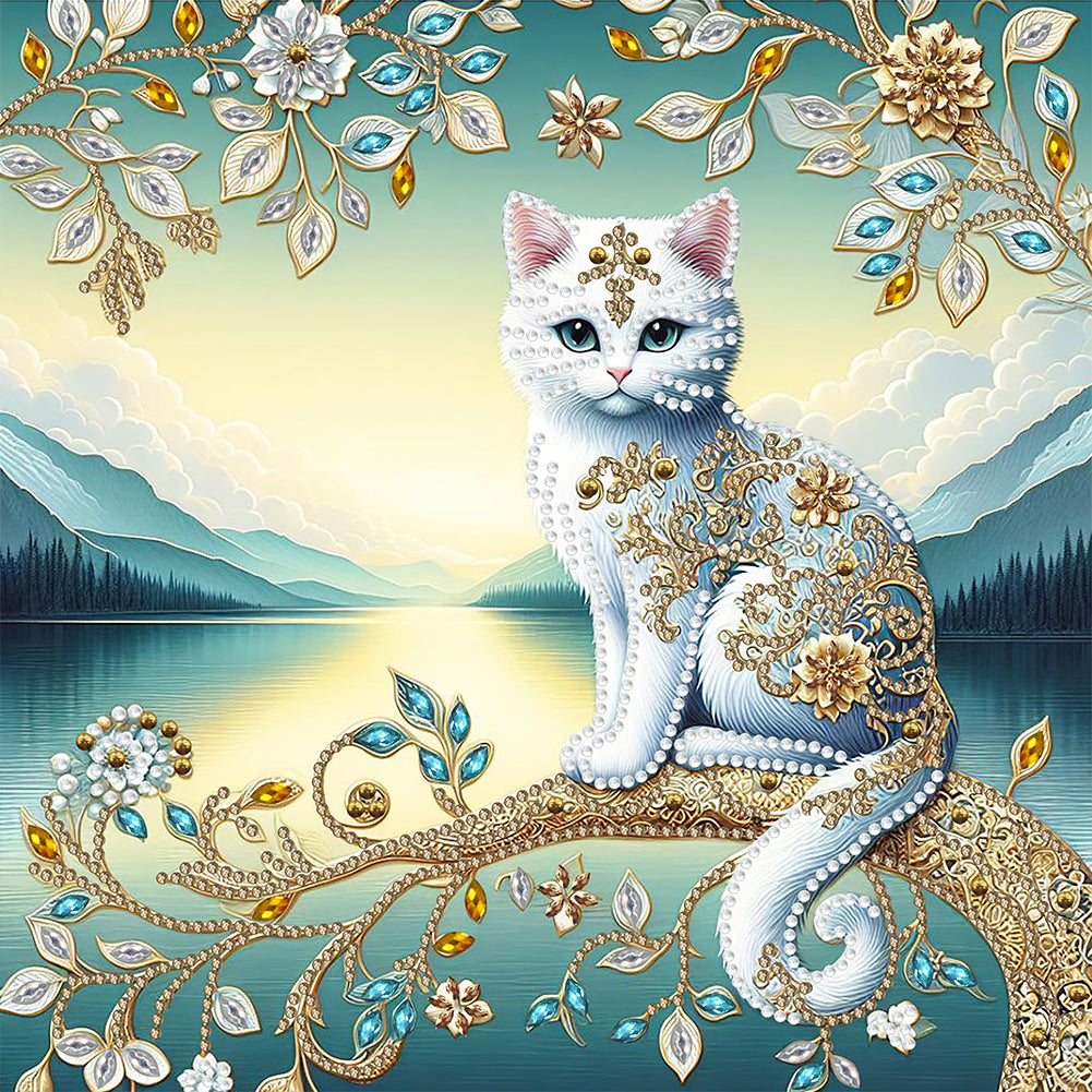 Diamond Painting - Partial Special Shaped - White cat with flowers by the lake (30*30CM)