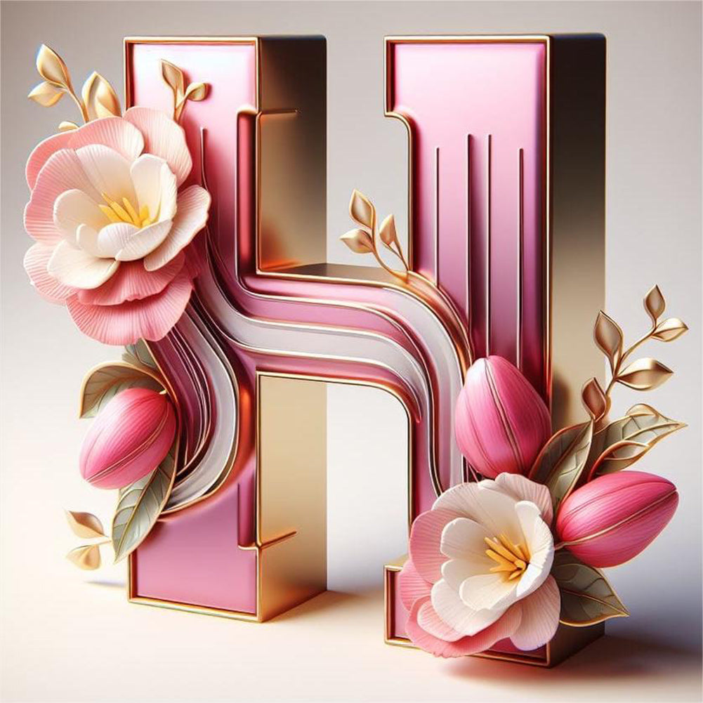 Diamond Painting - Full Round - Pink flower letter H (30*30CM)