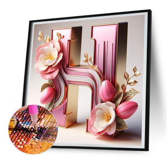 Diamond Painting - Full Round - Pink flower letter H (30*30CM)