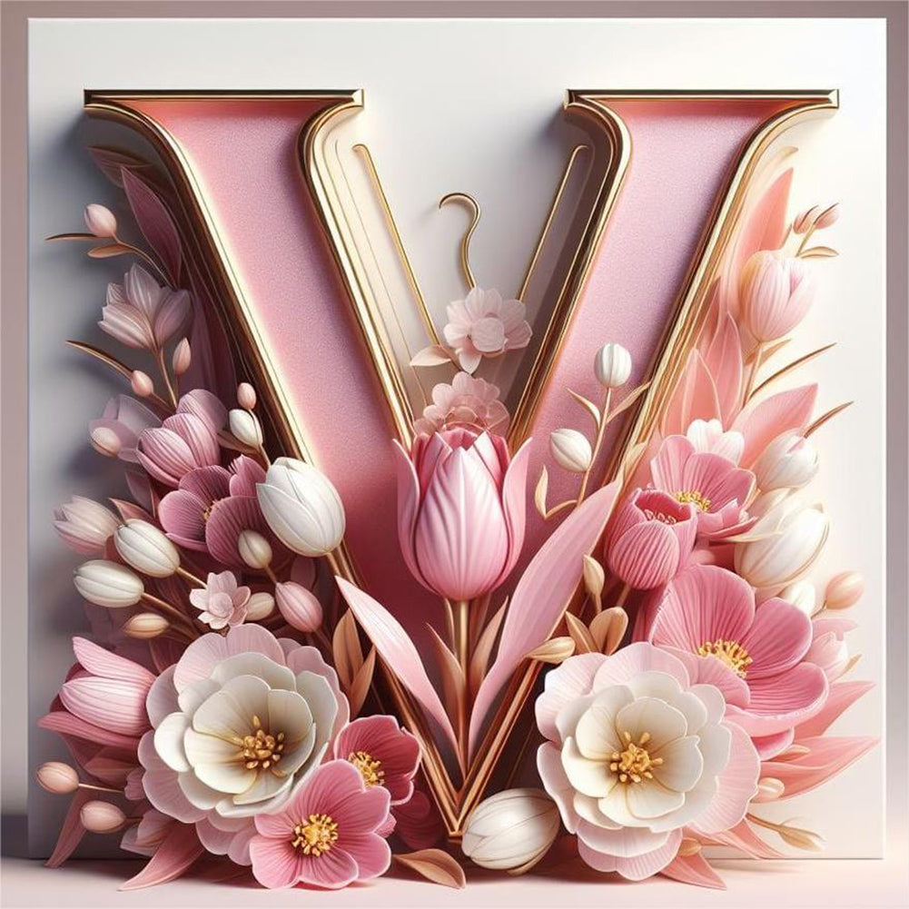 Diamond Painting - Full Round - Pink flower letter V (30*30CM)