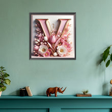 Load image into Gallery viewer, Diamond Painting - Full Round - Pink flower letter V (30*30CM)
