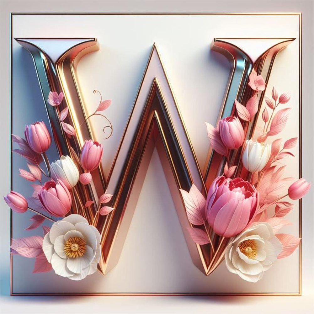 Diamond Painting - Full Round - Pink flower letter W (30*30CM)