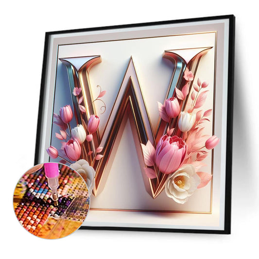 Diamond Painting - Full Round - Pink flower letter W (30*30CM)