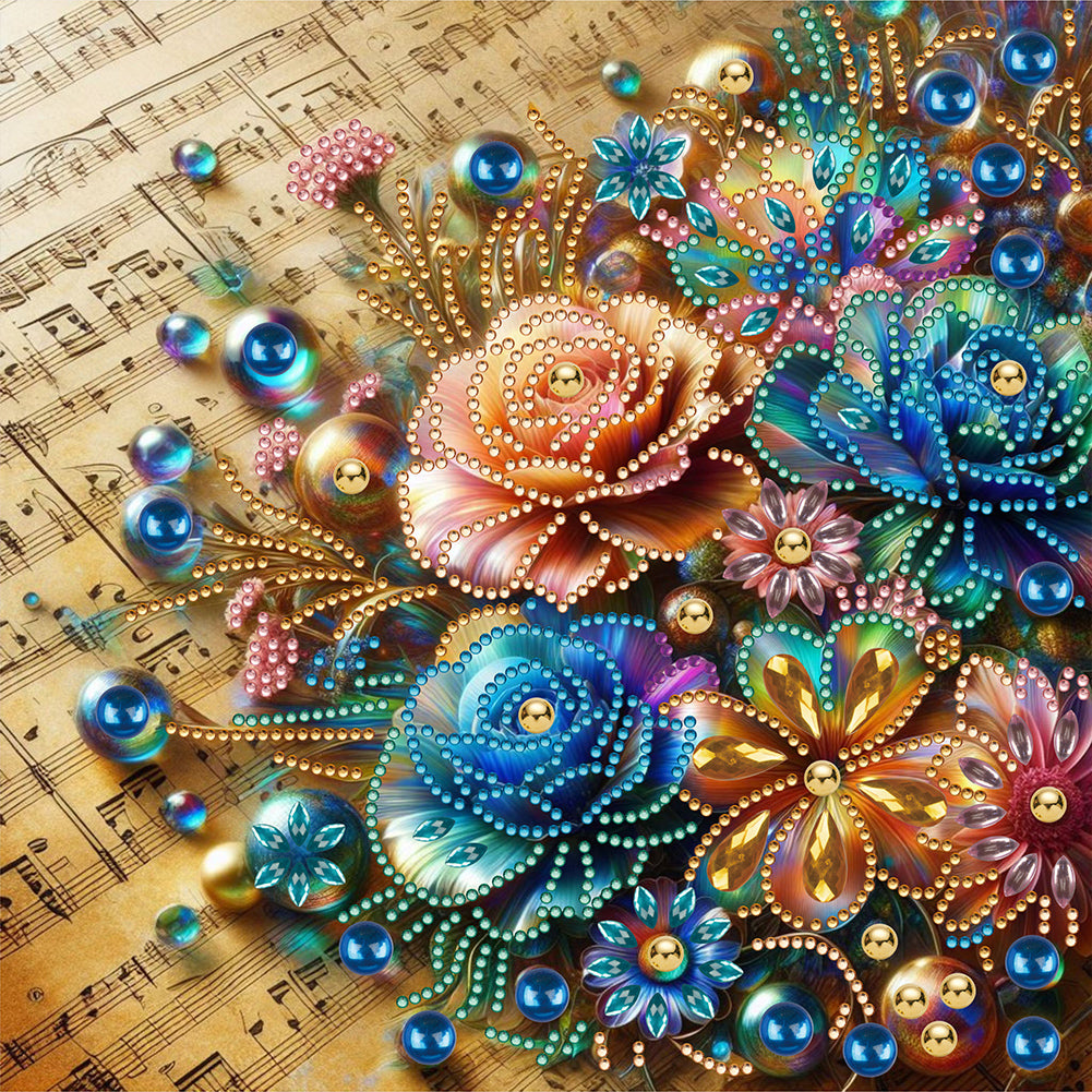 Diamond Painting - Partial Special Shaped - blooming flowers on sheet music (30*30CM)