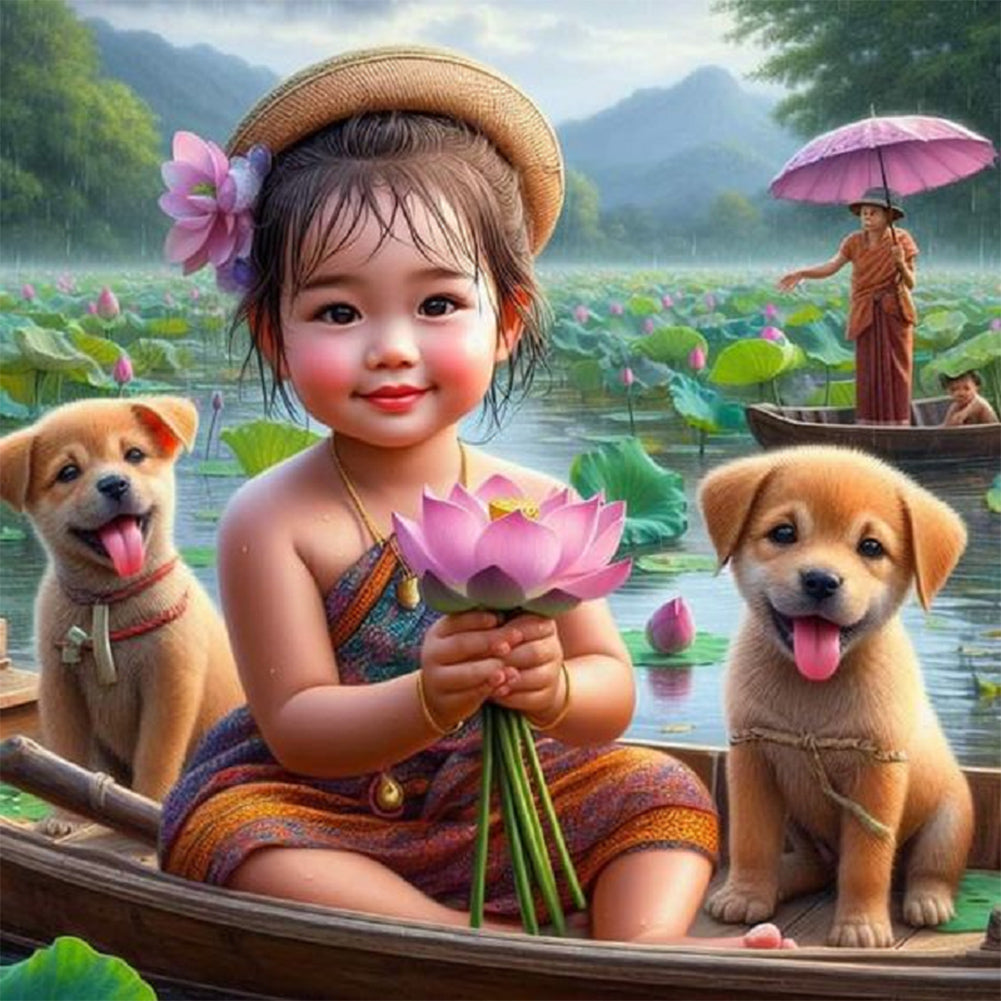 Diamond Painting - Full Round - Lotus pond lotus puppy girl (30*30CM)