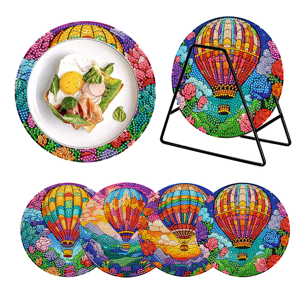 4Pcs Diamond Painting Placemat Hot Air Balloon and Flower Art Craft Supplies