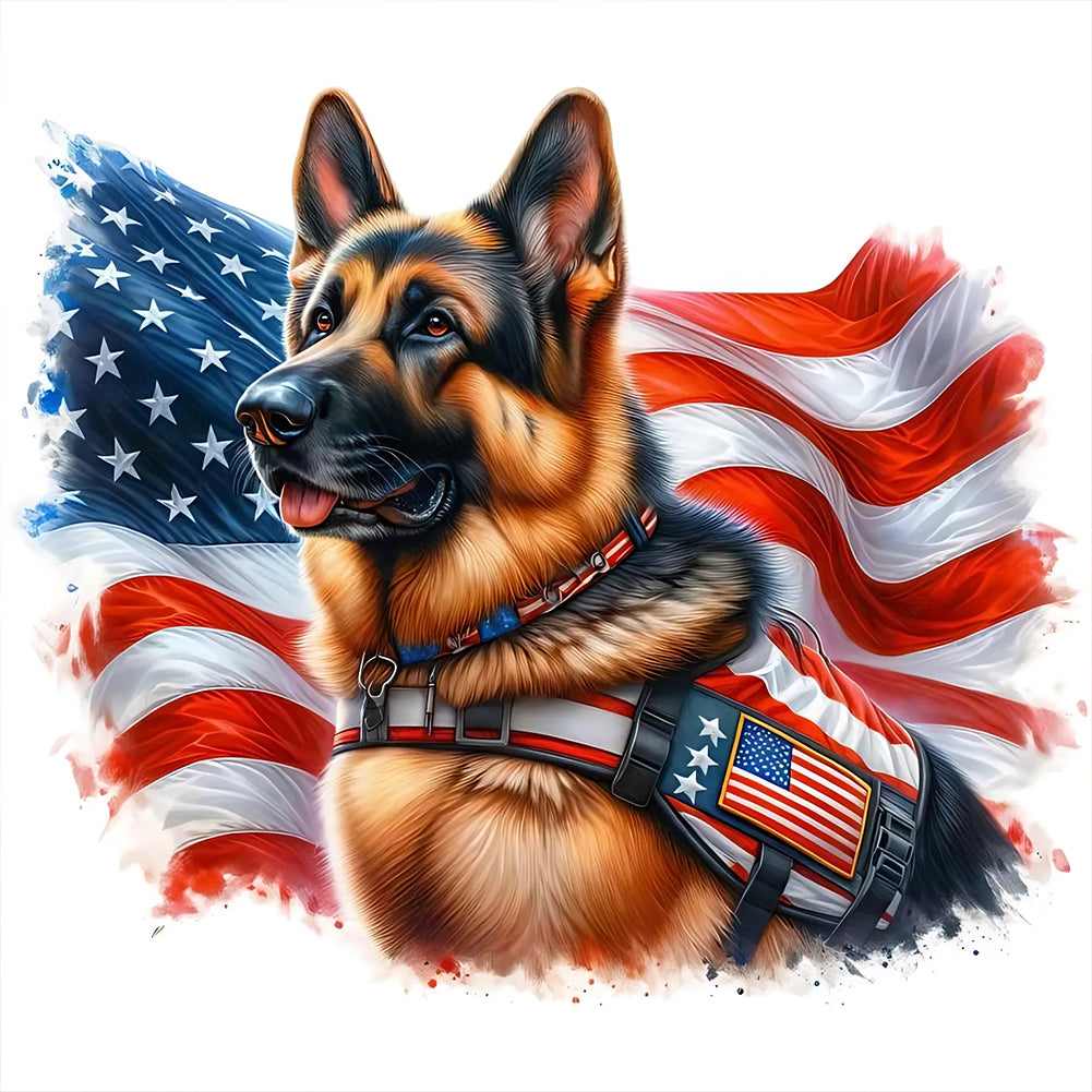 Diamond Painting - Full Round - American Flag Military Dog (30*30CM)
