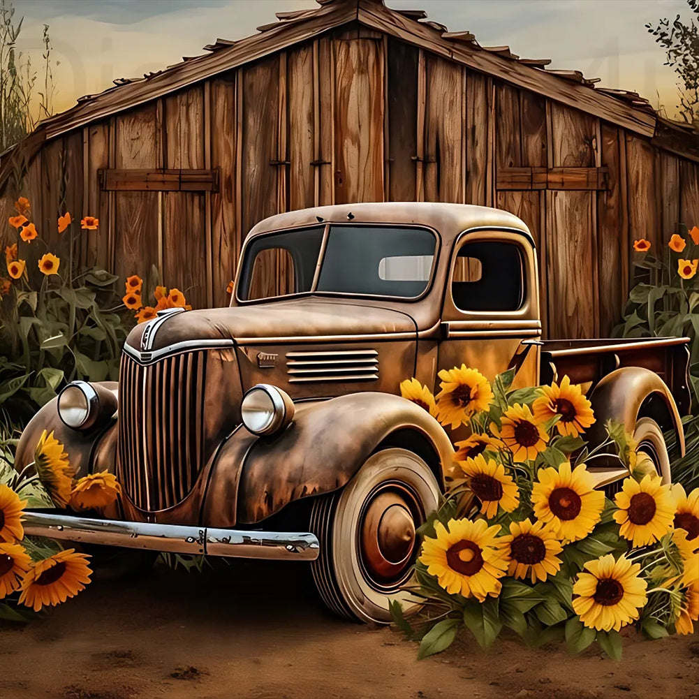 Diamond Painting - Full Round - sunflower vintage car (40*40CM)