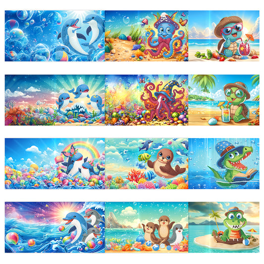 12Pcs Special Shape Cartoon Rhinestone Painting Card Kit Diamond Daily Wish Card