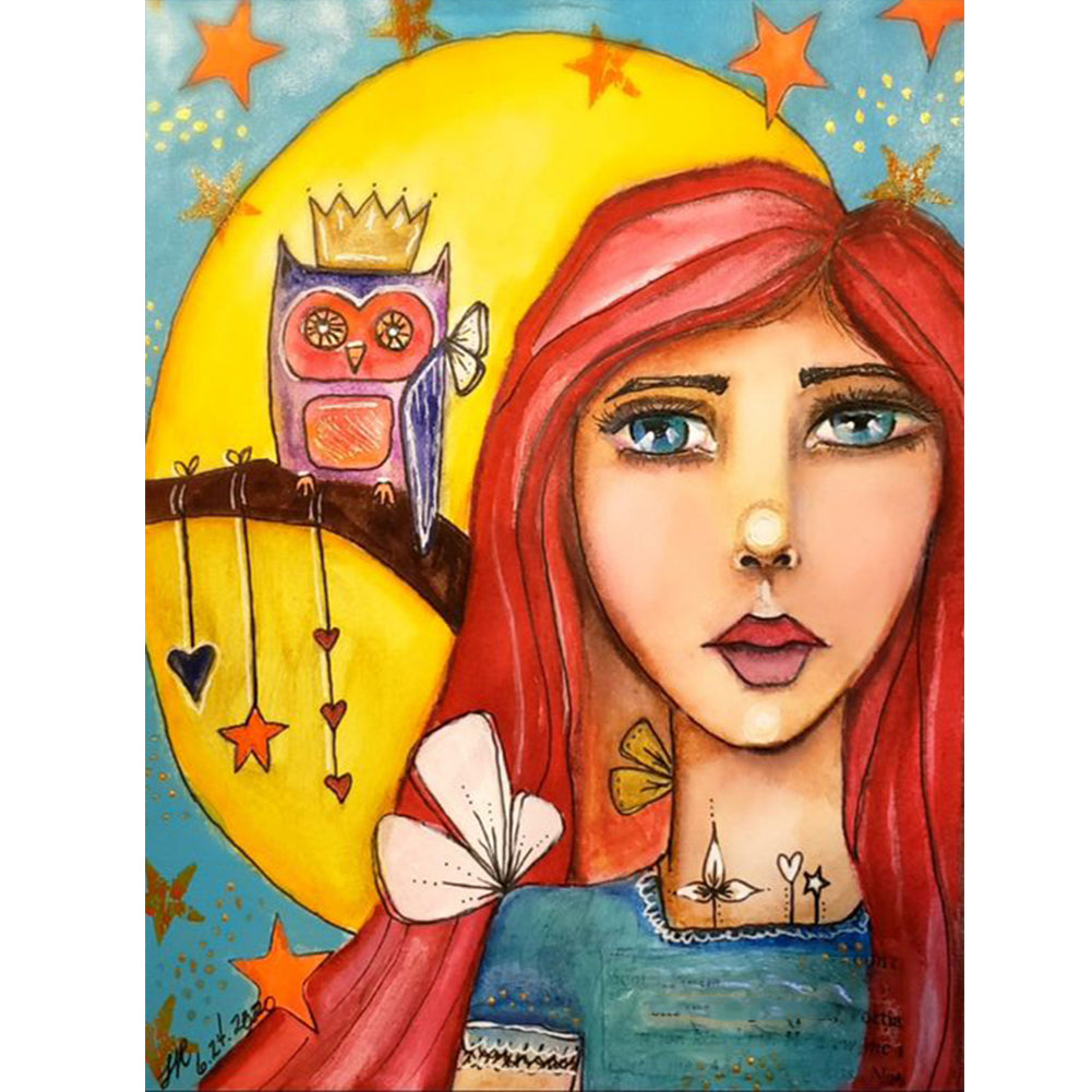 Diamond Painting - Full Round - Owl and big-eyed doll girl (30*40CM)
