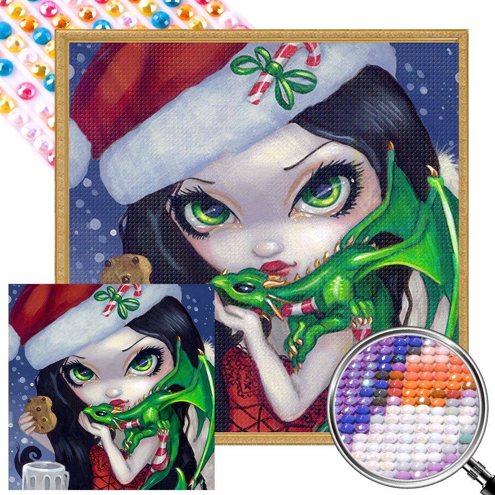 AB Diamond Painting - Full Round - green dragon and christmas girl (45*45CM)