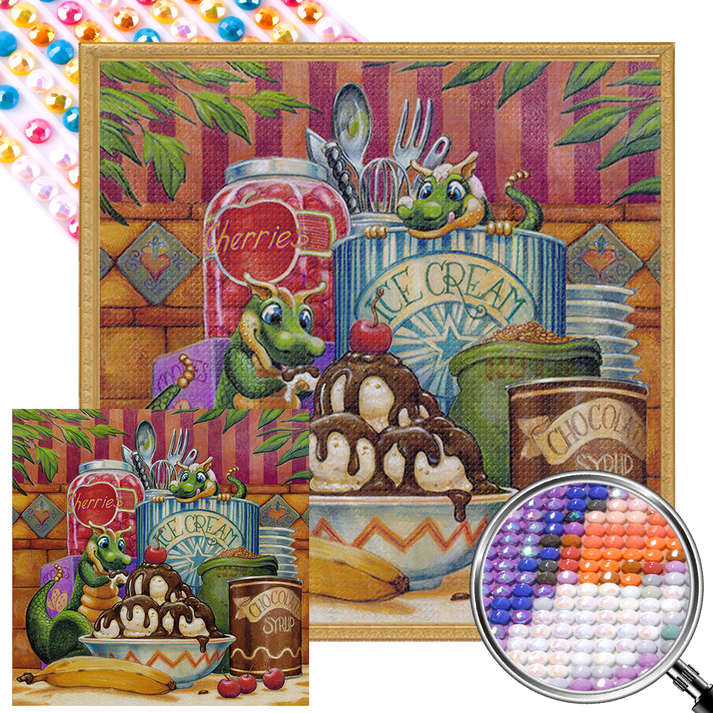 AB Diamond Painting - Full Round - green dragon and dessert (45*45CM)