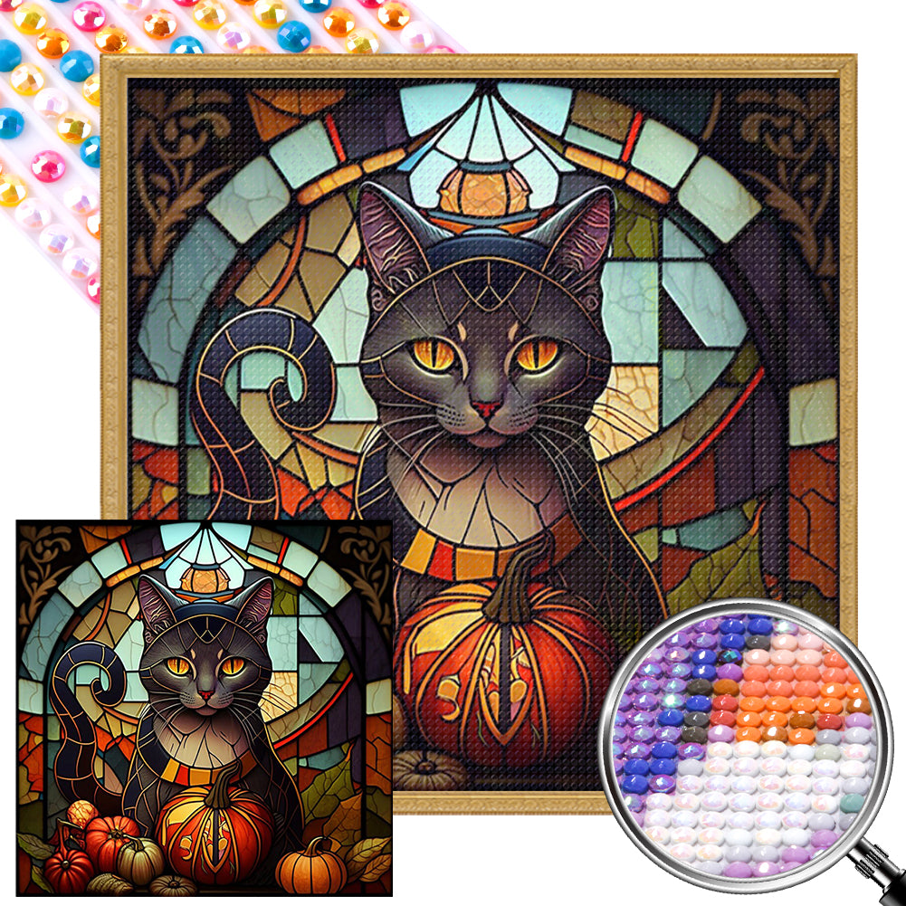 AB Diamond Painting - Full Round - black cat glass art (40*40CM)