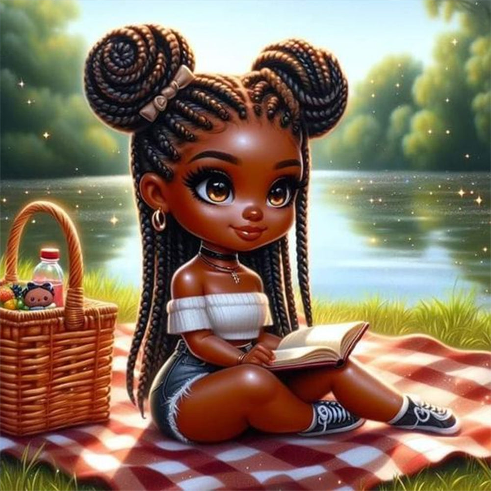 Diamond Painting - Full Round - Girl with pigtails reading a book (30*30CM)