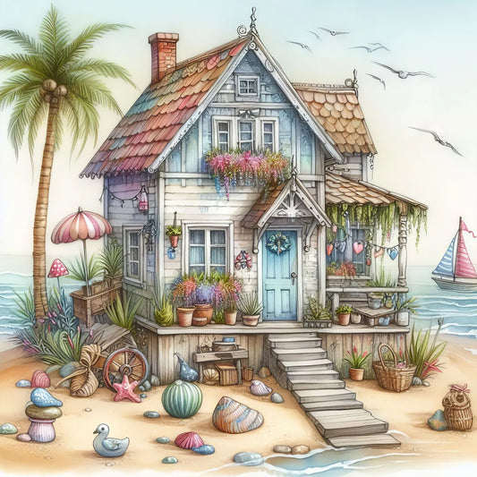 Diamond Painting - Full Round - Beach house and sailboat (30*30CM)