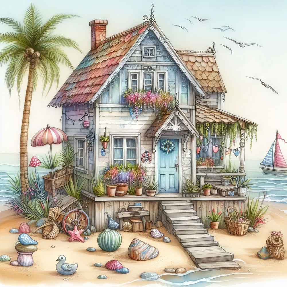 Diamond Painting - Full Round - Beach house and sailboat (30*30CM)