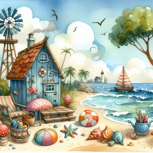 Diamond Painting - Full Round - Beach house and windmill (30*30CM)