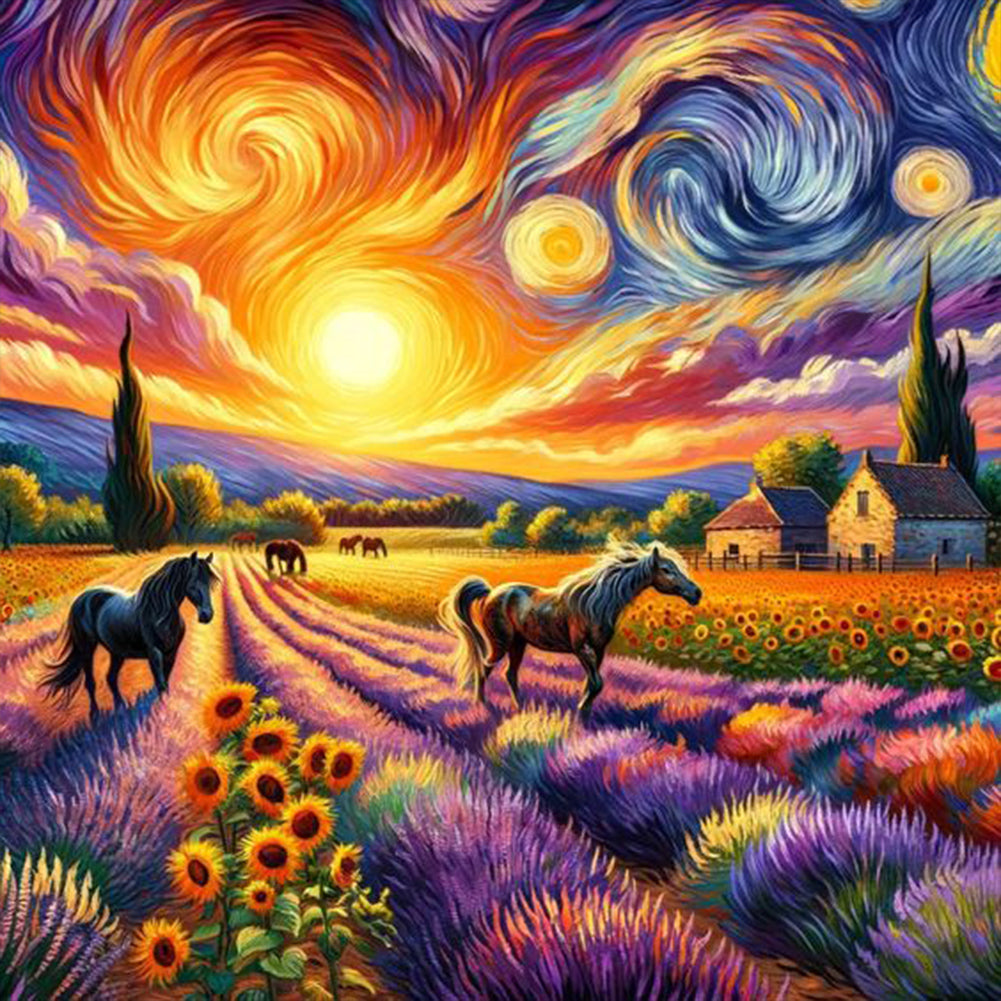 Diamond Painting - Full Round - Sunset pastoral and horses (40*40CM)