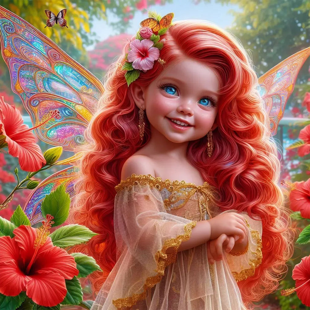Diamond Painting - Full Round - Red hair butterfly girl (30*30CM)