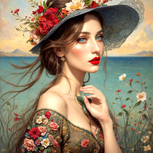 Load image into Gallery viewer, Diamond Painting - Full Round - Girl with red lips in flower hat (40*40CM)
