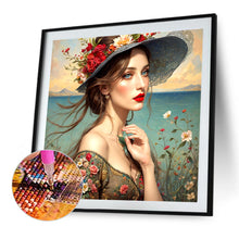 Load image into Gallery viewer, Diamond Painting - Full Round - Girl with red lips in flower hat (40*40CM)
