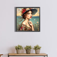 Load image into Gallery viewer, Diamond Painting - Full Round - Girl with red lips in flower hat (40*40CM)
