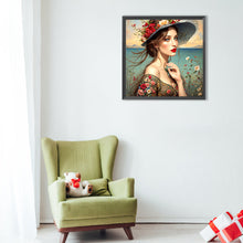 Load image into Gallery viewer, Diamond Painting - Full Round - Girl with red lips in flower hat (40*40CM)
