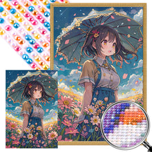 Load image into Gallery viewer, AB Diamond Painting - Full Round - girl holding umbrella in flower field (40*60CM)

