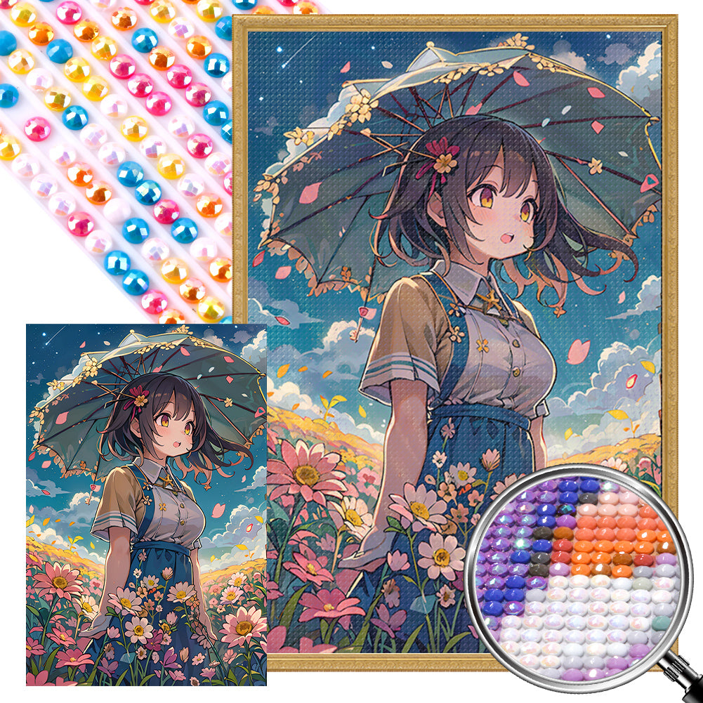 AB Diamond Painting - Full Round - girl holding umbrella in flower field (40*60CM)