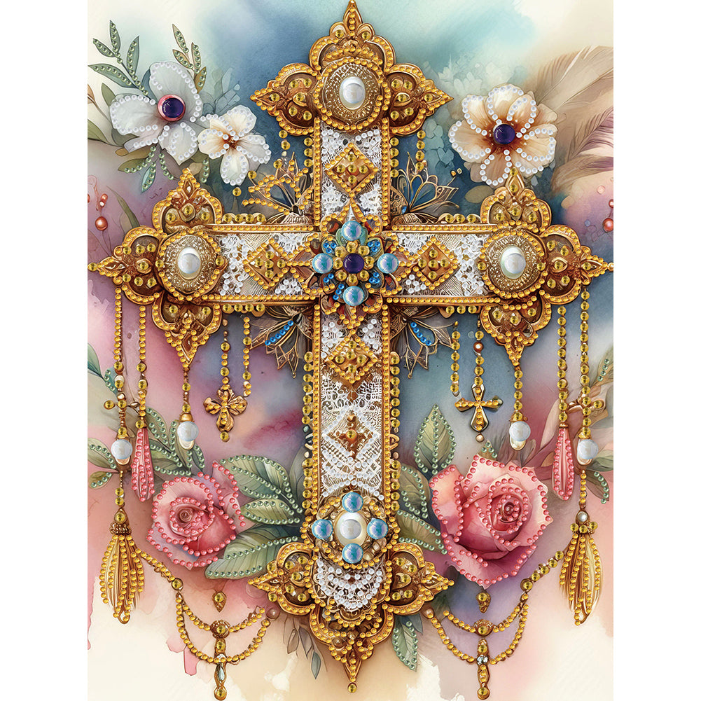 Diamond Painting - Partial Special Shaped - cross and flowers (30*30CM)