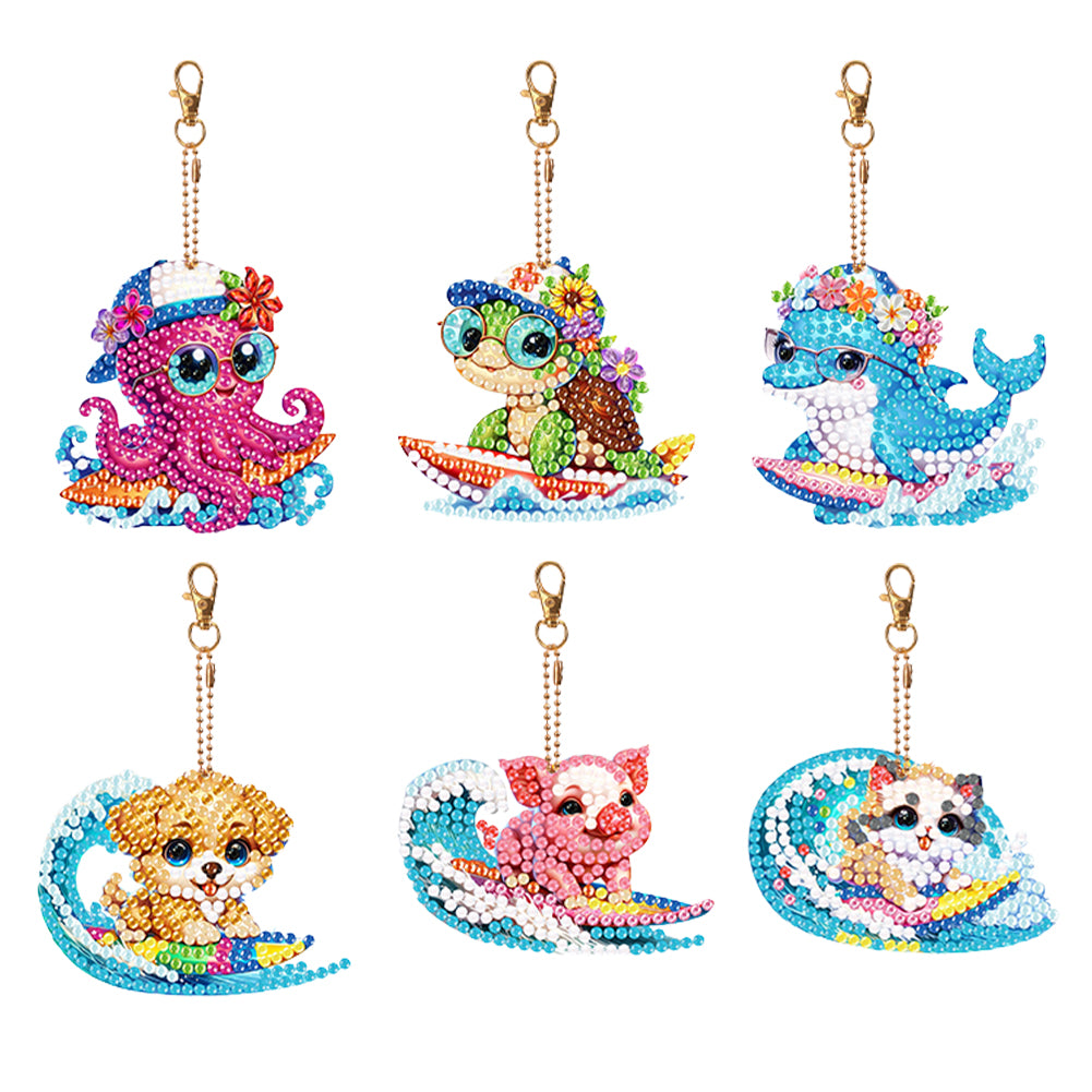 6Pcs Acrylic Double Sided Summer Surf Animals Keyring Diamond Painting Keyring