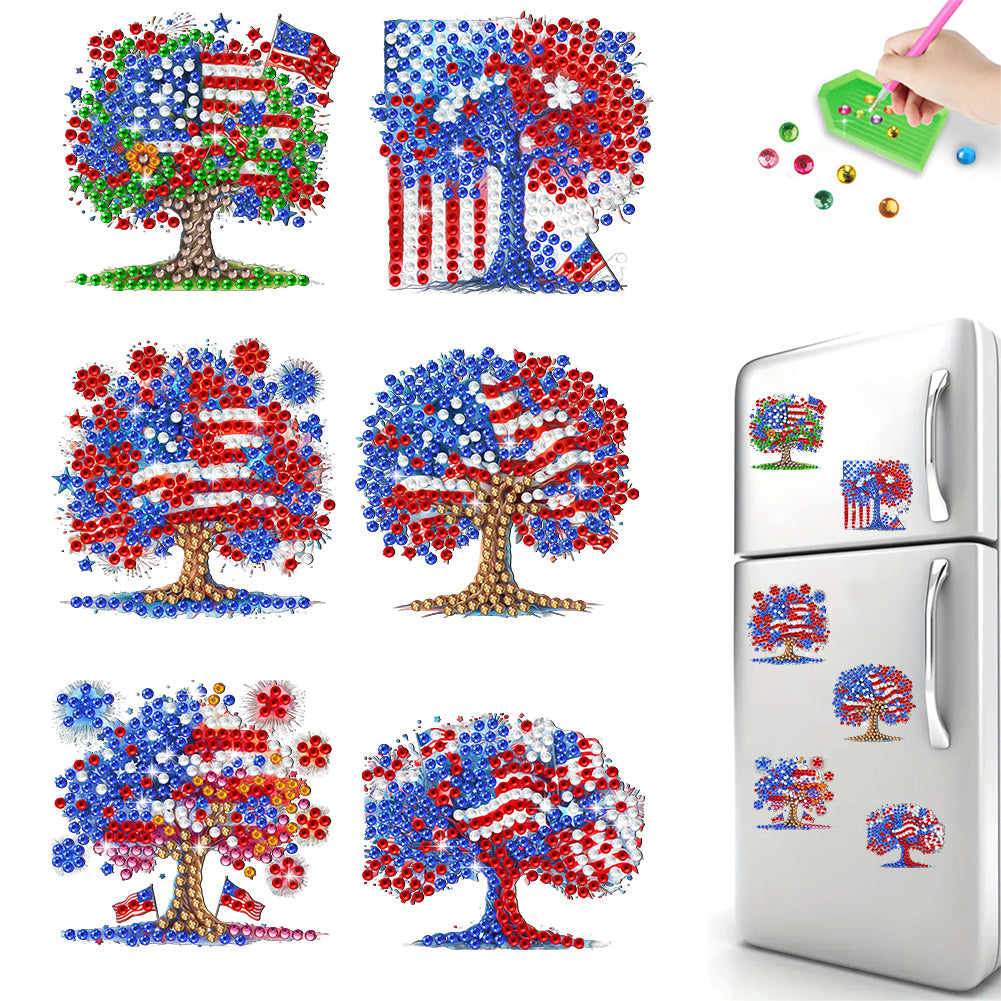 6Pcs Independence Day Flag Tree Fridge Stickers Diamond Painting Fridge Magnet