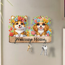 Load image into Gallery viewer, Wooden Cat &amp; Flower Diamond Art Hanging Hooks 3 Hooks Diamond Painting Hook Rail
