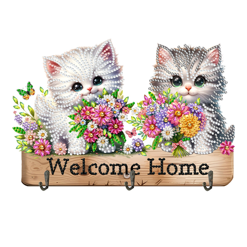 Wooden Cat & Flower Diamond Art Hanging Hooks 3 Hooks Diamond Painting Hook Rail