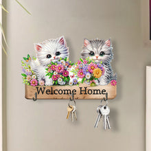 Load image into Gallery viewer, Wooden Cat &amp; Flower Diamond Art Hanging Hooks 3 Hooks Diamond Painting Hook Rail
